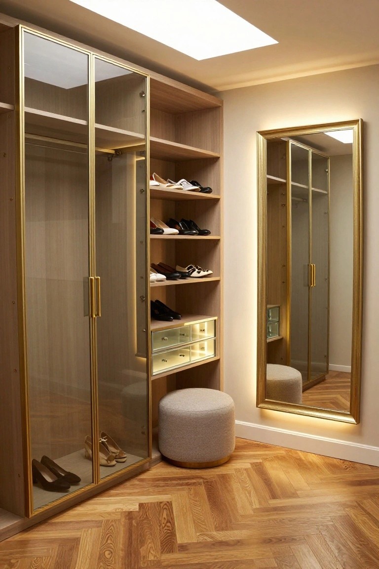 Luxury closet with gold-framed glass shoe cabinets, illuminated shelves, mirror, and gray ottoman