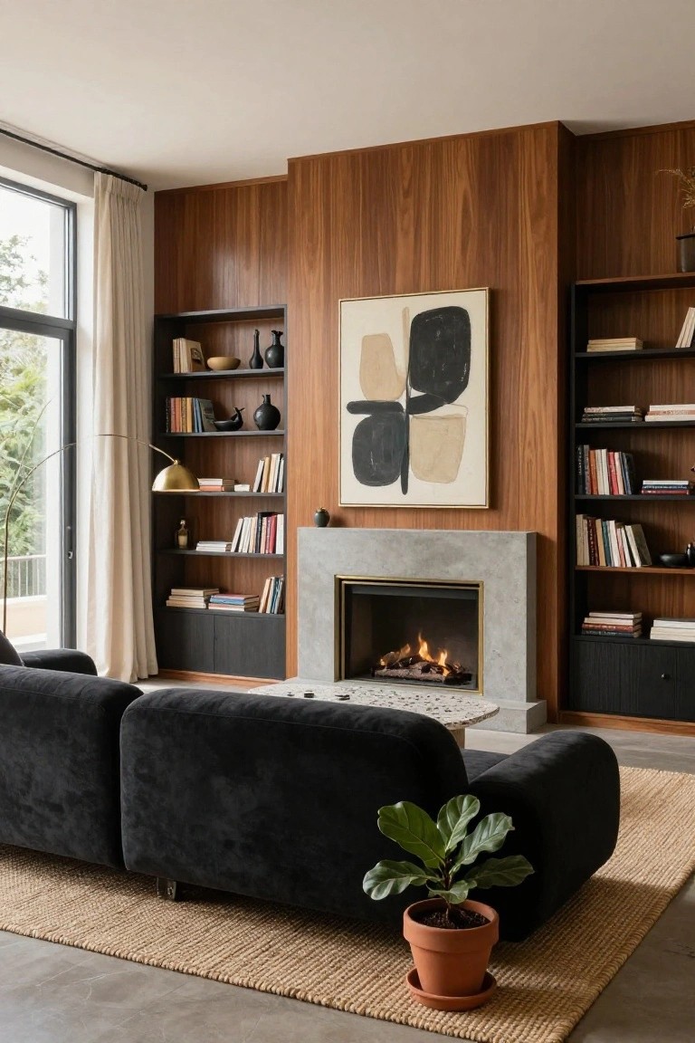 A modern living room with a dark sofa facing a concrete fireplace set into a wood-paneled wall with built-in shelves on both sides and abstract artwork above the mantel.