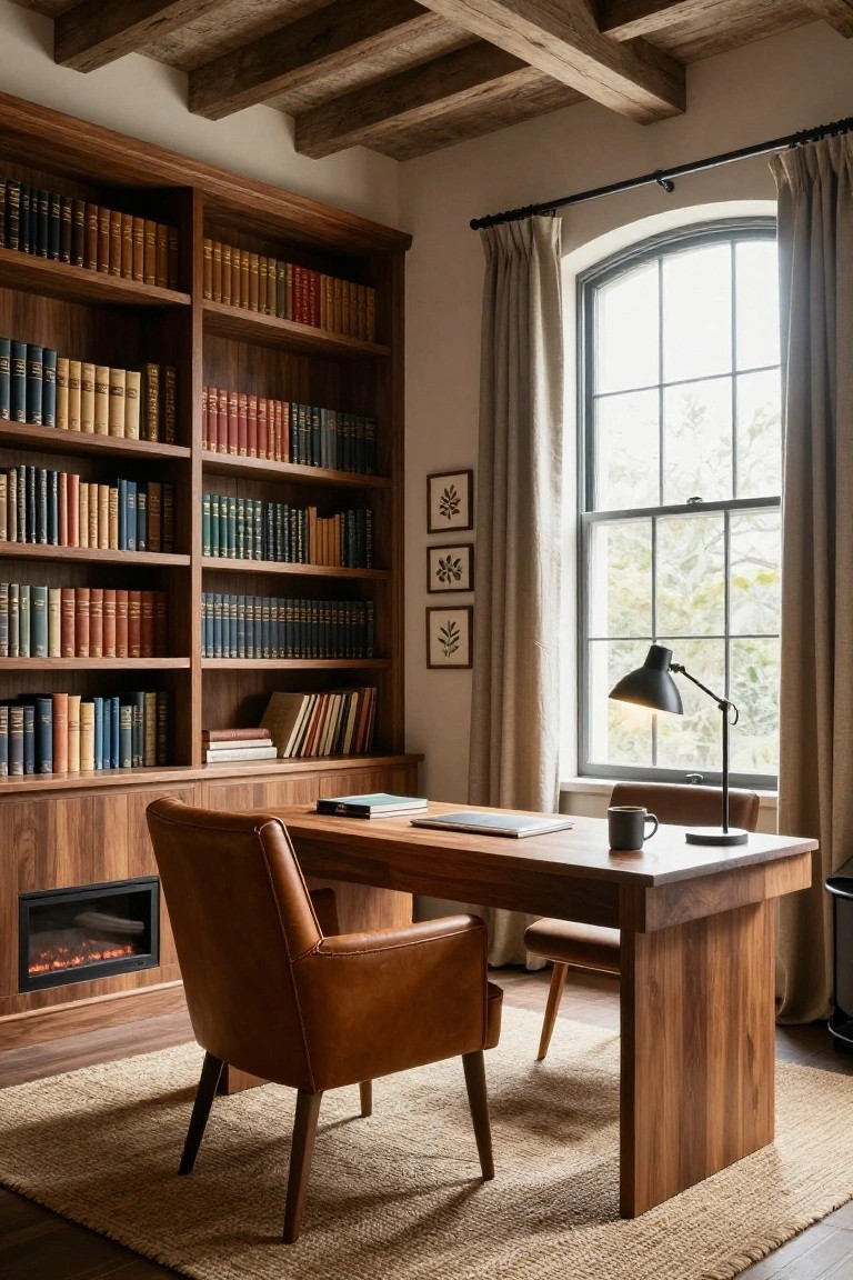 A home office with dark wood built-in bookshelves filled with books, a wooden desk with two leather chairs, a small fireplace below the shelves, and a large window with beige curtains.