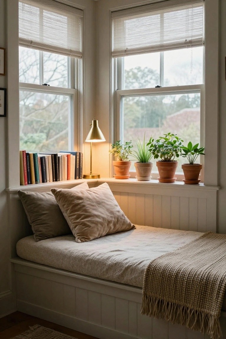 A built-in window seat with beige cushions and pillows beneath two windows, with books stacked on the left, a small lamp, and several potted plants on the windowsill.