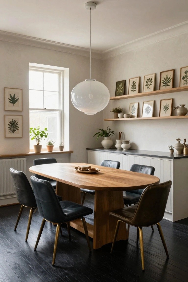 An interior view of a dining room with a large oval wooden table, mixed black and brown leather chairs, a white glass pendant light, and floating shelves holding framed botanical prints above a white sideboard.