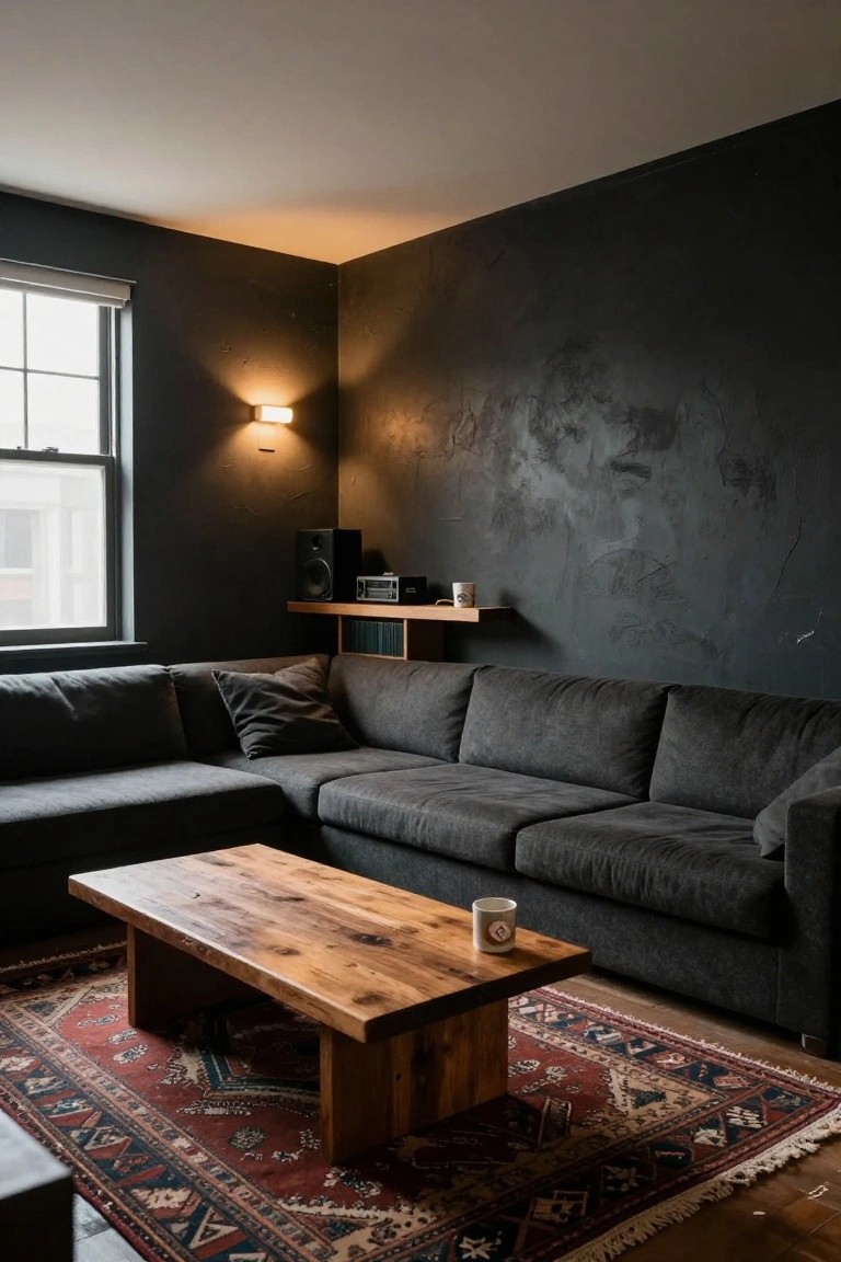 A living room featuring a dark gray sectional sofa against a textured dark wall, a wooden coffee table on a patterned rug, and a window on the left side.