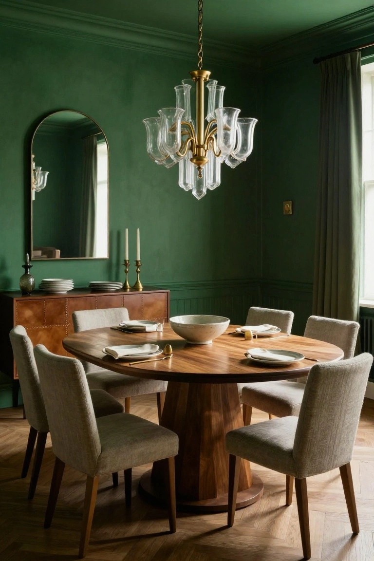 A round wooden dining table with upholstered chairs sits in a room painted deep green, with a brass and glass chandelier hanging above and a wooden sideboard against the wall.