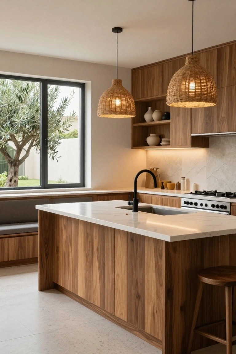 A kitchen interior featuring a large wooden island with a white marble countertop, black faucet, two woven pendant lights, and wood cabinetry along the back wall.