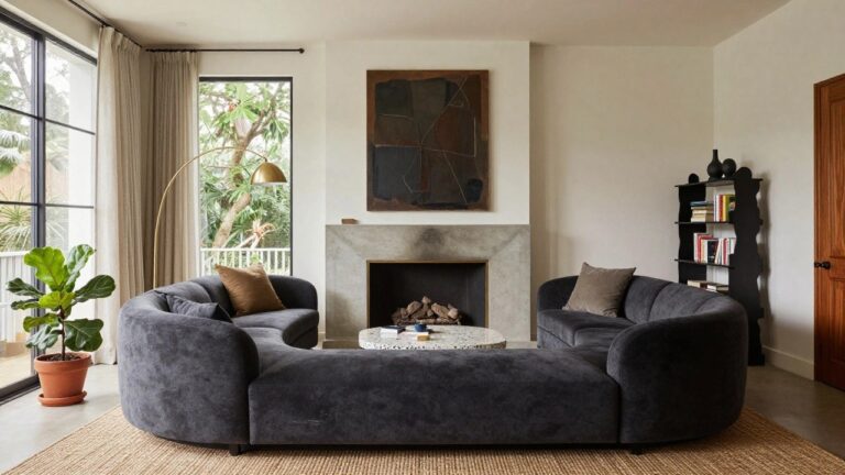 A modern living room with a dark sofa facing a concrete fireplace set into a wood-paneled wall with built-in shelves on both sides and abstract artwork above the mantel.