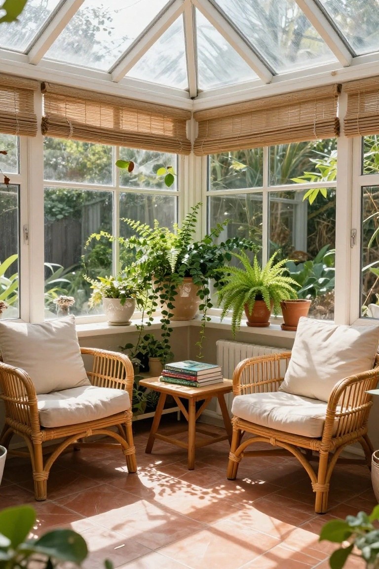 Two rattan chairs with cushions amid potted plants and books in a sunlit conservatory