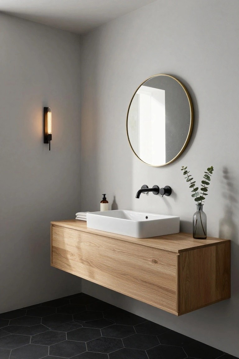 A bathroom interior showing a floating light wood vanity with a white rectangular sink, black wall-mounted faucet, round mirror, glass vase with greenery, and a vertical wall sconce.