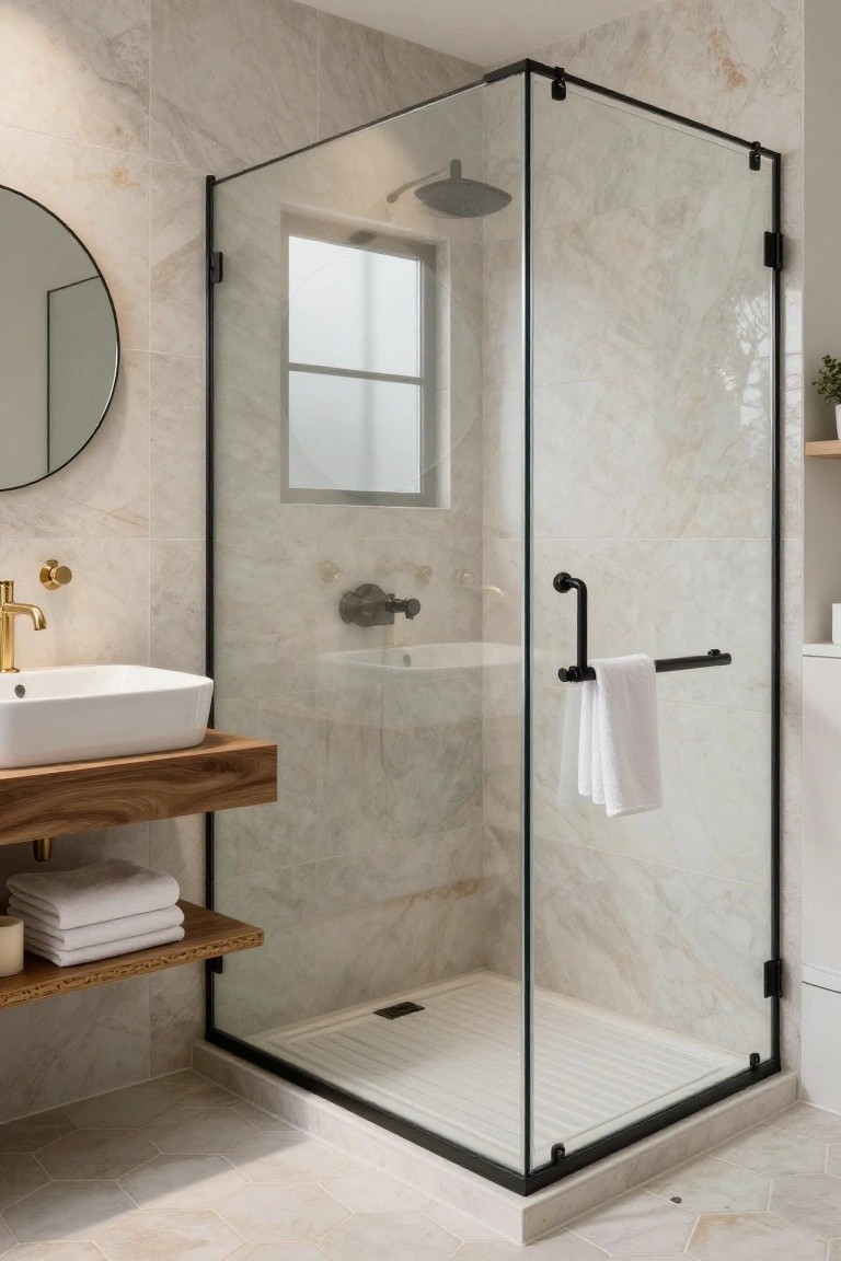 A modern bathroom with a black-framed glass shower enclosure, marble tile walls, a white floating sink with gold faucet, and wooden shelves holding folded towels.