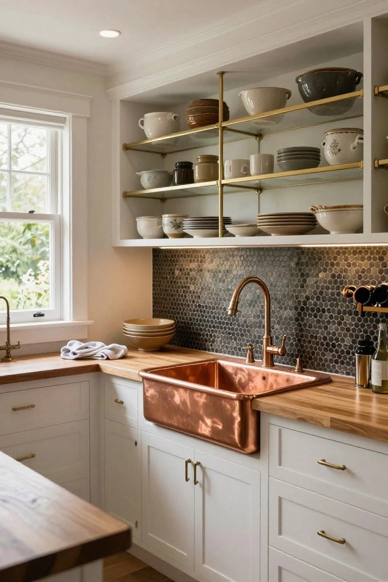 A kitchen with white cabinets, wooden countertops, a copper sink, and brass open shelves holding assorted ceramic dishes above a hexagonal tile backsplash.