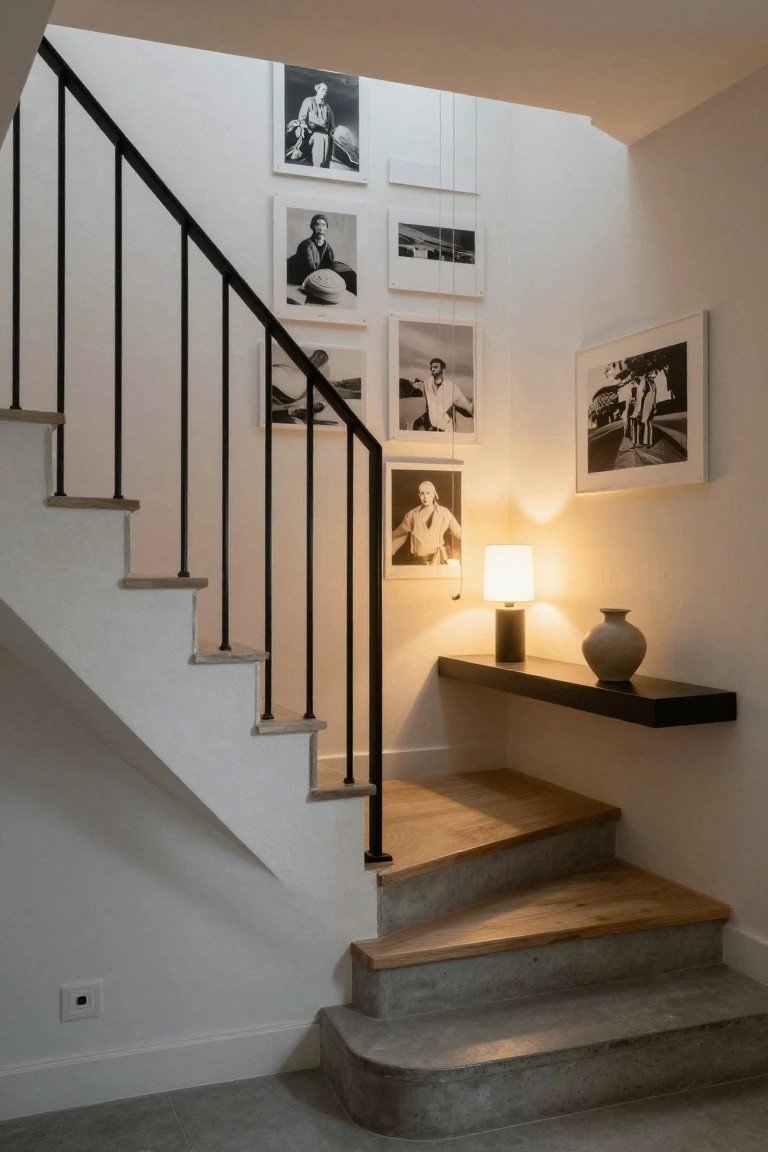 Interior staircase with light wood treads, concrete sides, black metal railing, and multiple framed black and white photographs arranged on the adjacent wall above a floating shelf with a lamp and vase.