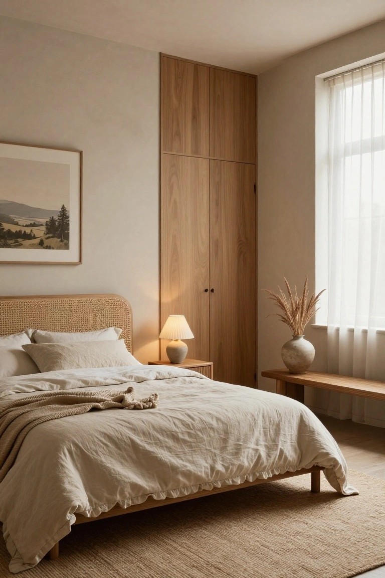 A bedroom with a low wooden bed dressed in beige linens, a woven headboard, a tall wooden wardrobe against the wall, and a window with a vase of dried grasses on a bench.