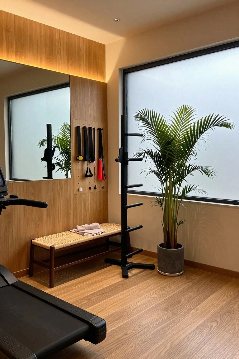 A modern home gym with wood panel walls, a black wall-mounted pull-up and resistance band station, woven bench with folded towel, large potted palm plant near a window, and part of a treadmill visible in the foreground.