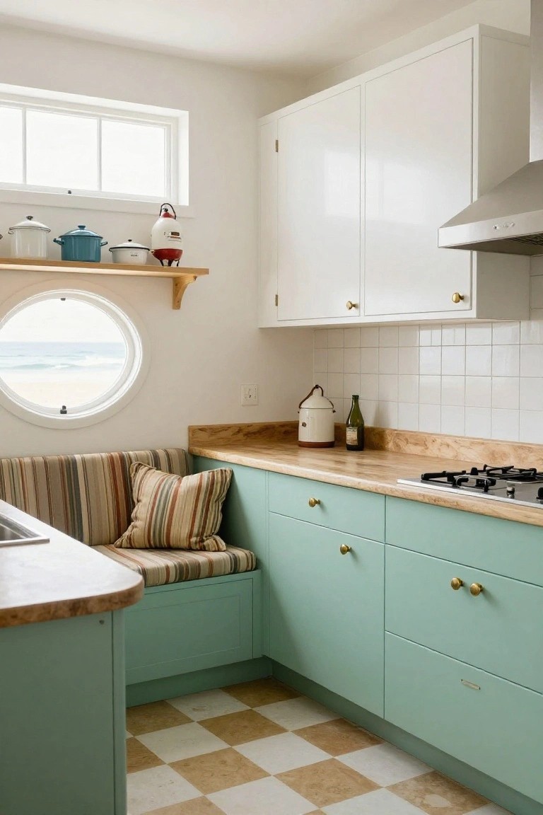 A coastal kitchen with white upper cabinets, seafoam green lower cabinets, wooden countertops, a gas stove, and a built-in corner bench with striped cushions beneath a round window.