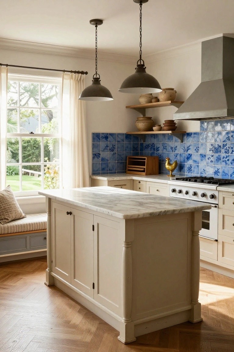 A kitchen with cream cabinets, a marble island, blue floral tile backsplash, and a window seat.