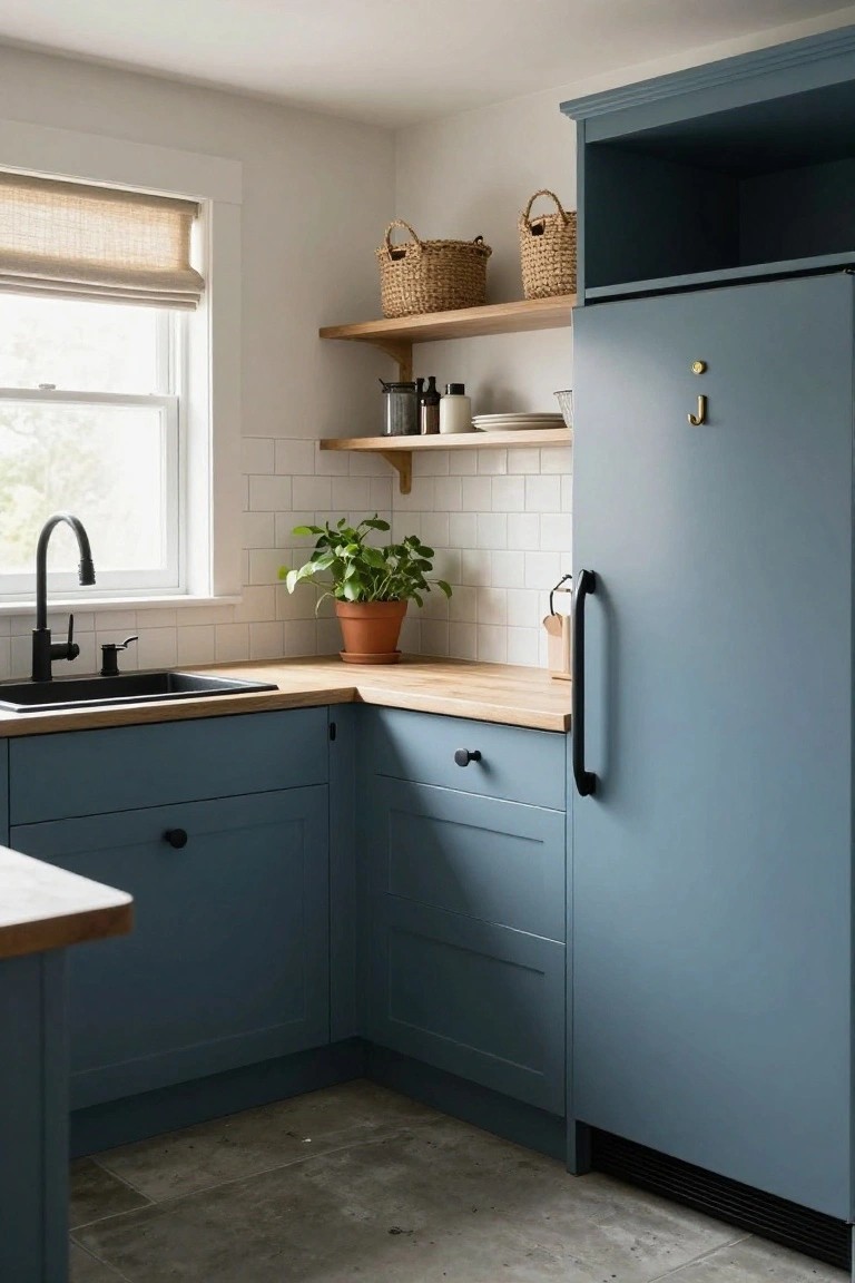 A kitchen with blue painted cabinets, wooden countertops and shelves, white subway tile, and a sink beneath a window.