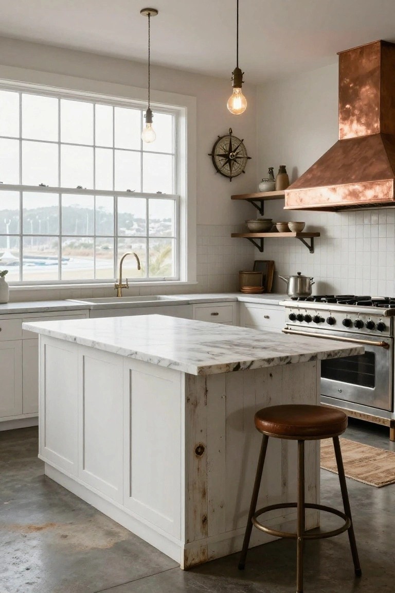 White kitchen island with marble top, copper hood, leather stool, and pendant lights.