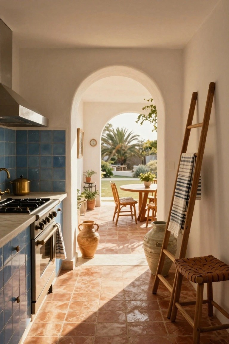A kitchen with blue tiled backsplash and range hood opening through a large archway to a terracotta patio with a round table and chairs outside.