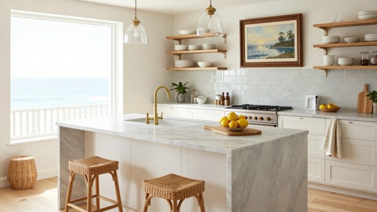 A bright coastal kitchen featuring a white marble island with three woven rattan stools and gold pendant lights overhead.