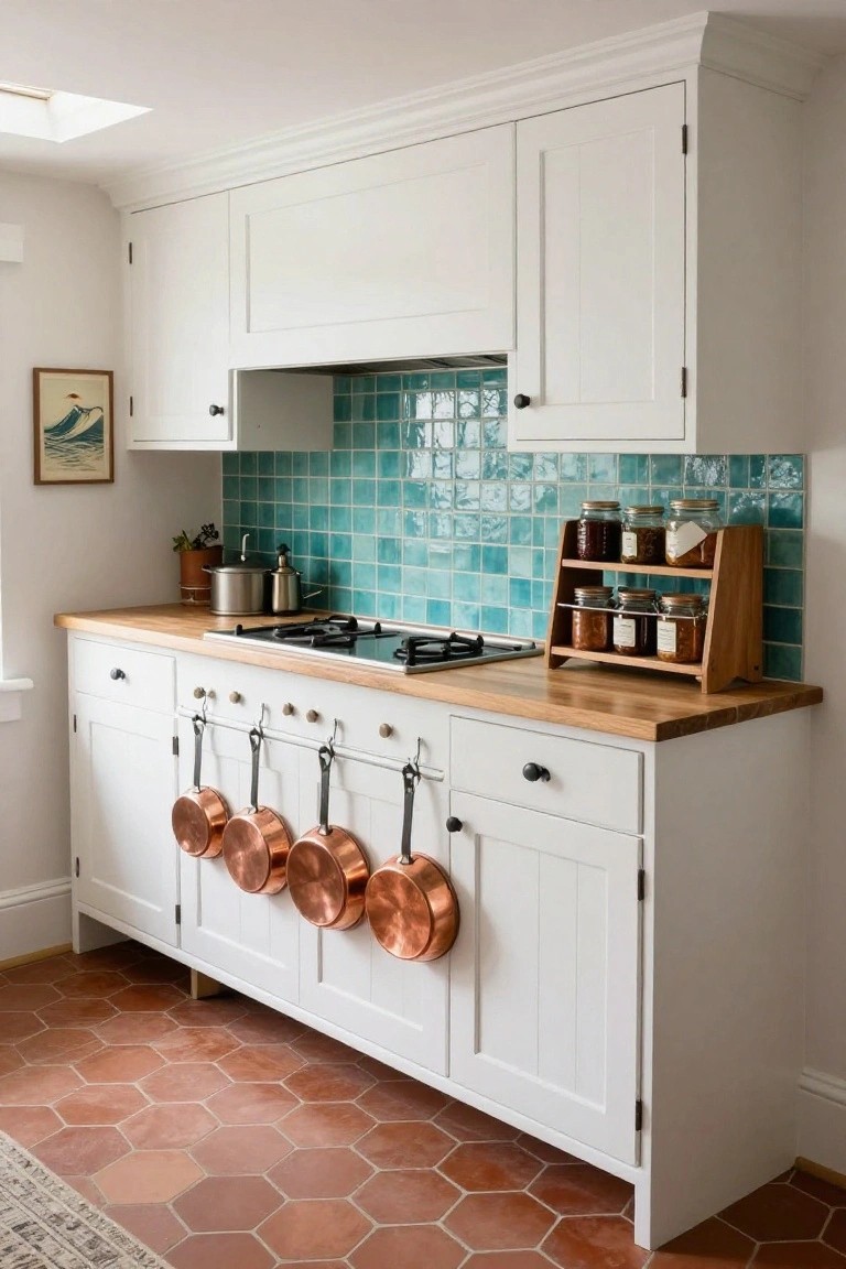 White kitchen with turquoise tile backsplash, wooden countertops, and copper pots hanging from a rail on the cabinet fronts.