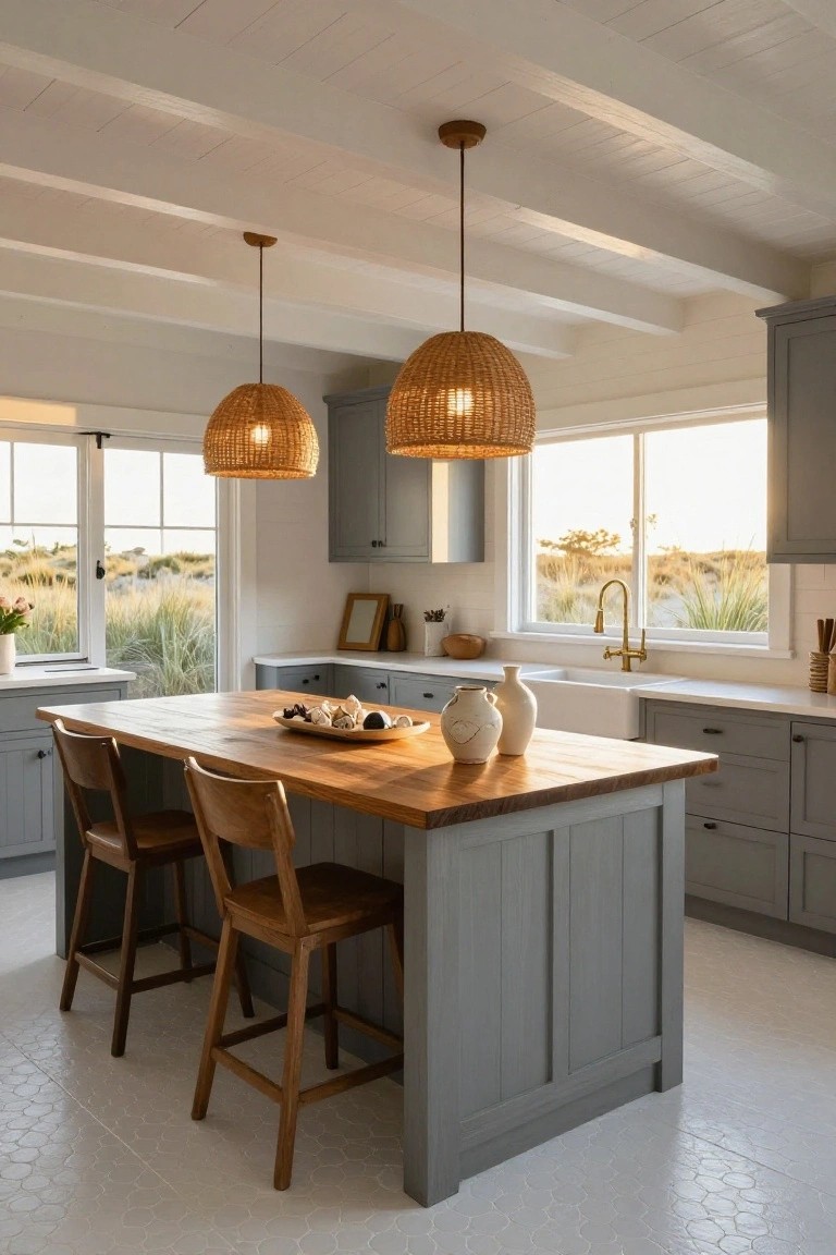 A bright coastal kitchen with a large gray island topped in wood, two wooden bar stools, woven pendant lights, and windows overlooking dunes.