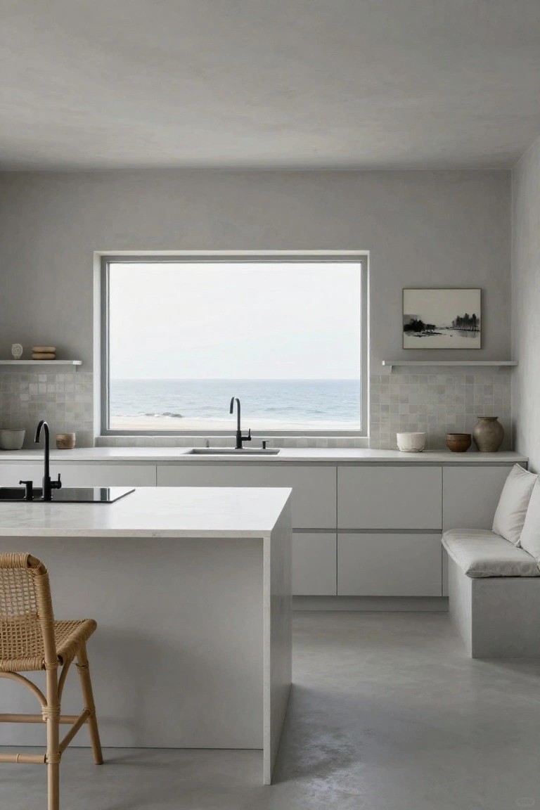 Minimalist coastal kitchen with ocean-view window, white island, woven chair, and gray cabinets.