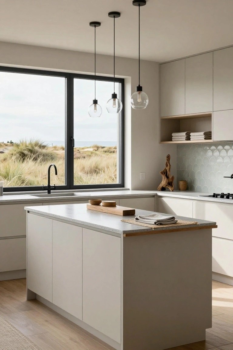 A bright coastal kitchen with a large central island, light cabinets, black-framed windows overlooking dunes and the ocean, and three glass pendant lights hanging above the island.