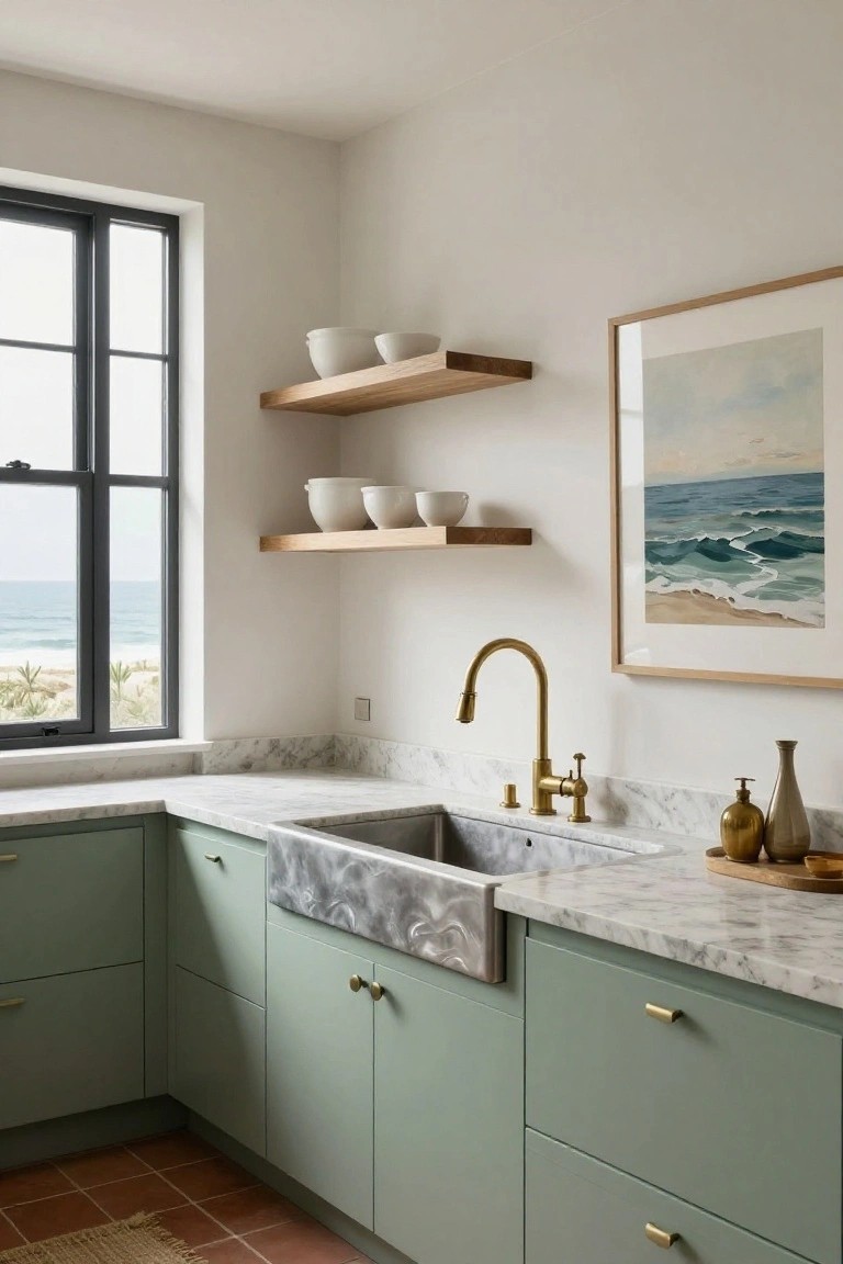 A kitchen corner with sage green cabinets, marble countertops, a brass faucet, wooden floating shelves holding white bowls, and a large window overlooking the ocean.