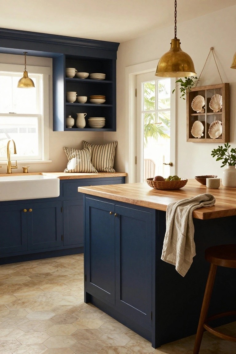 A coastal kitchen with navy blue cabinets, wooden countertops on the island, open shelving, and a white farmhouse sink.