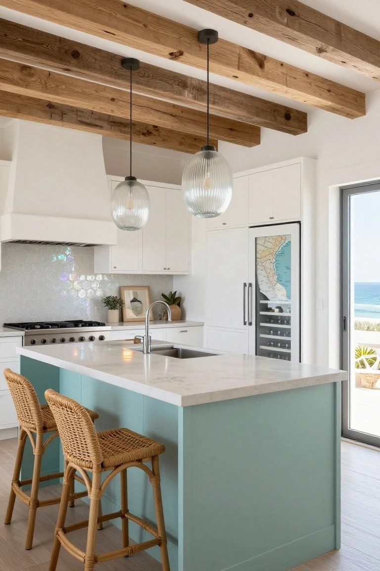 A bright coastal kitchen with a mint green island, white marble countertop, white cabinets, wooden ceiling beams, and two woven bar stools.