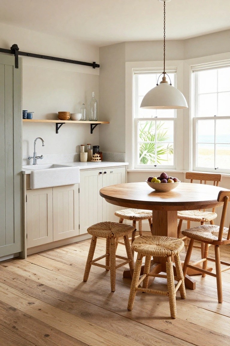 Rustic kitchen with round wooden table, woven stools, white cabinets, and ocean view.