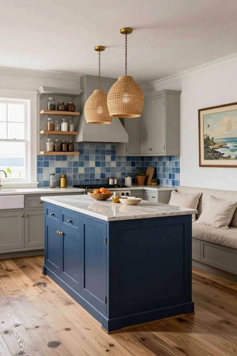 A coastal kitchen featuring a navy blue island with a marble top, gray perimeter cabinets, blue tile backsplash, open wooden shelves, and a built-in bench seat.