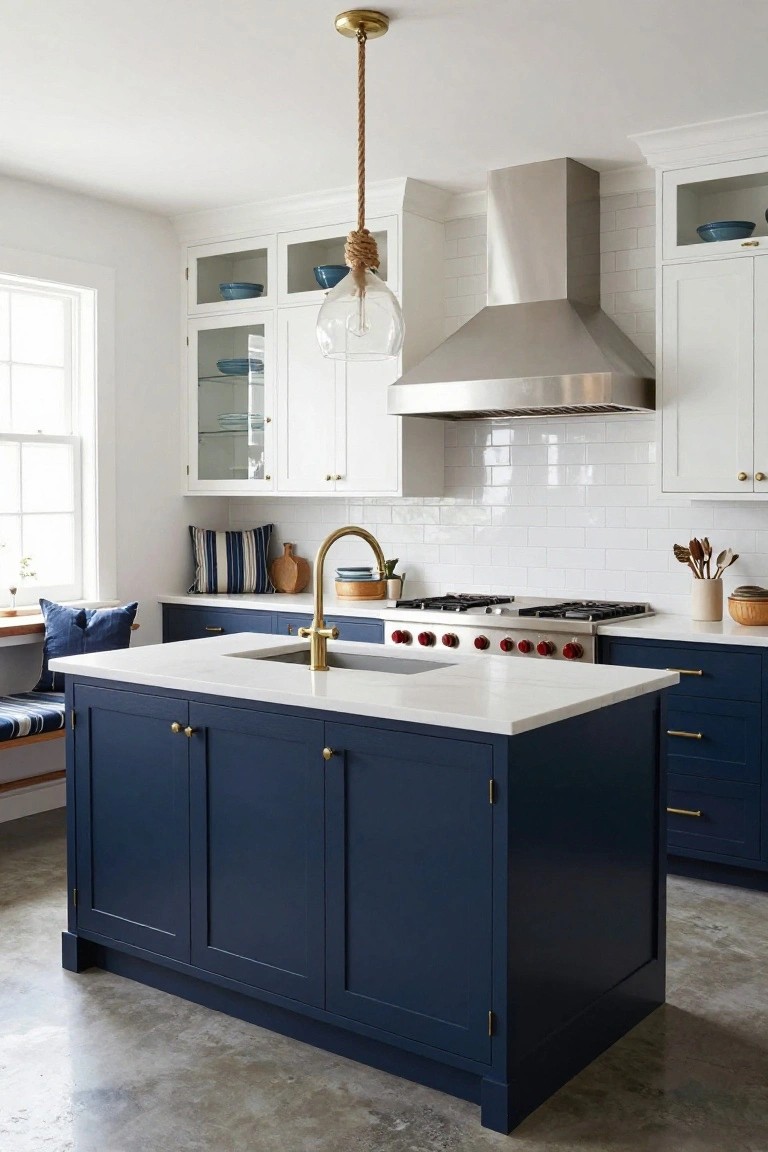 Elegant kitchen with navy blue island, white marble counters, and brass accents