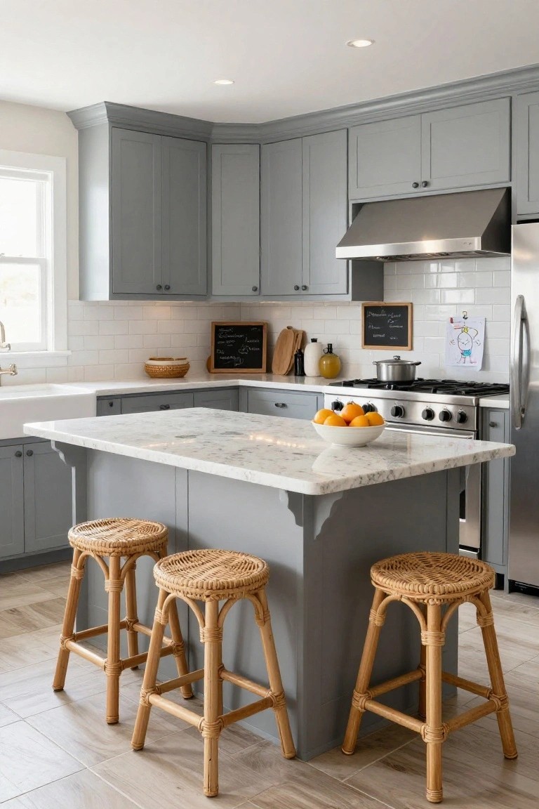 A kitchen with gray cabinets, a large marble-topped island, and three woven rattan bar stools positioned around it.