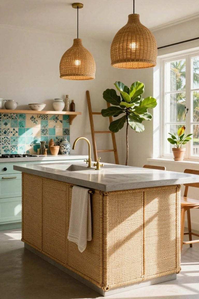 A kitchen island with a woven rattan base, marble countertop, and brass faucet in a bright coastal kitchen.