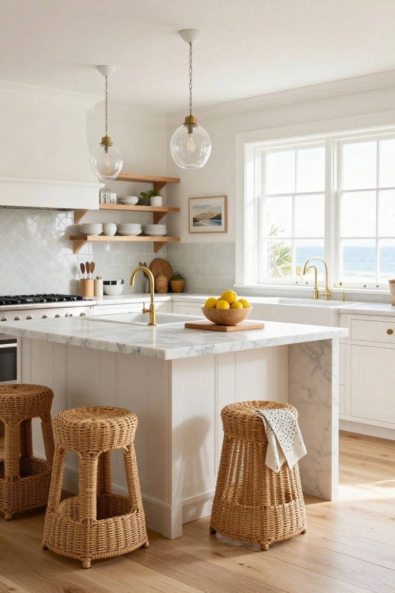 A bright coastal kitchen featuring a white marble island with three woven rattan stools and gold pendant lights overhead.