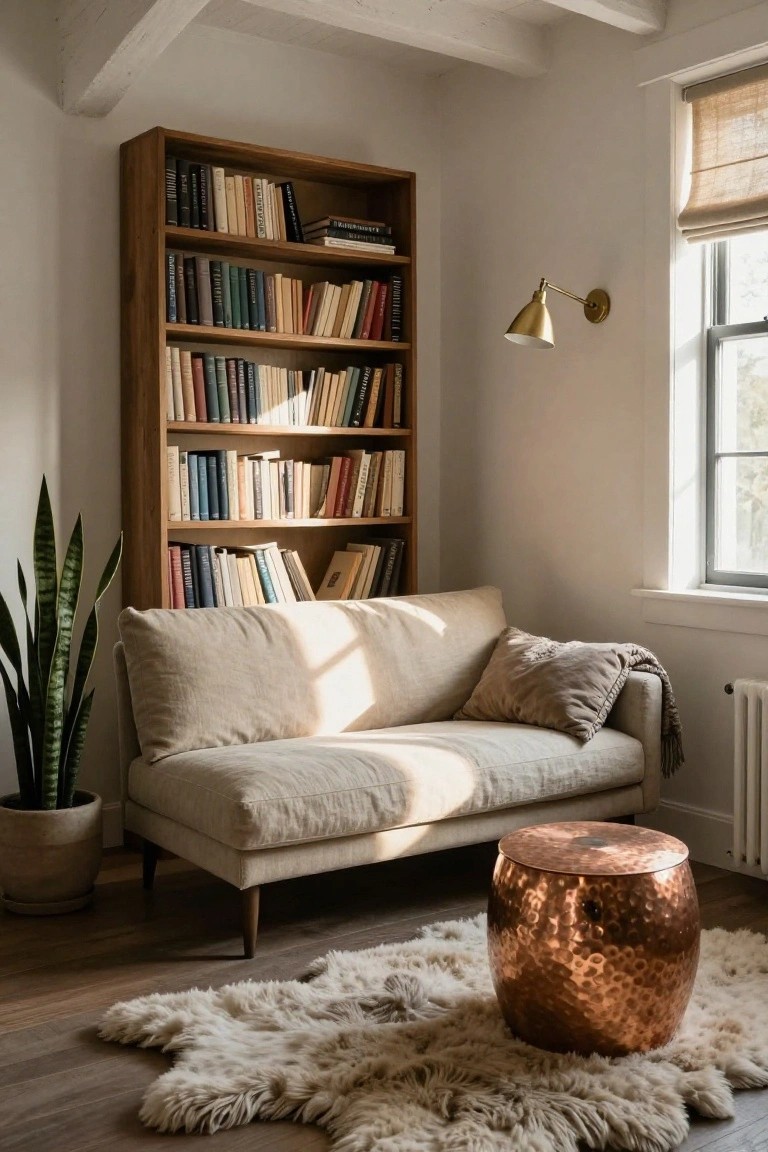 A light wood built-in bookshelf filled with books stands behind a beige sofa, with a hammered copper stool and sheepskin rug in front and a potted snake plant to the left.