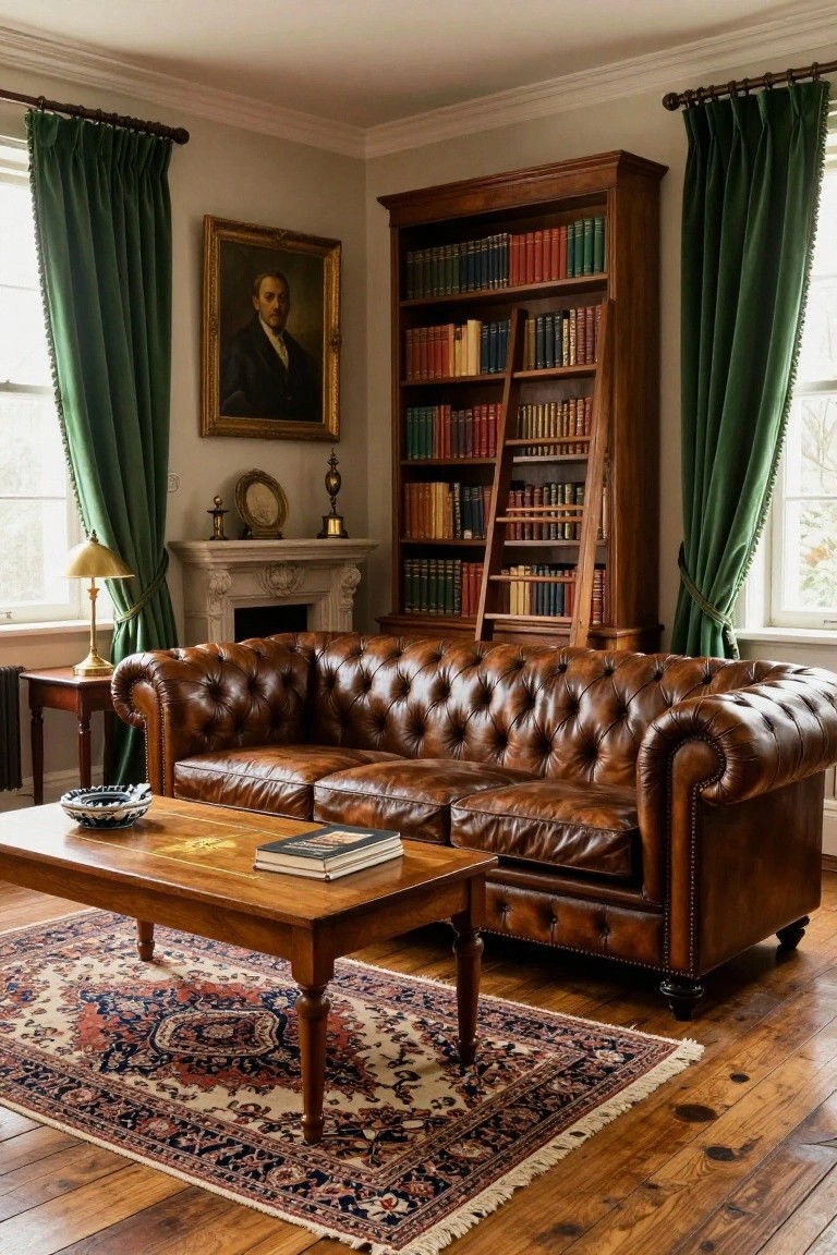 A living room featuring a brown leather Chesterfield sofa, wooden coffee table on a patterned rug, fireplace, and a tall built-in wooden bookshelf with a ladder.