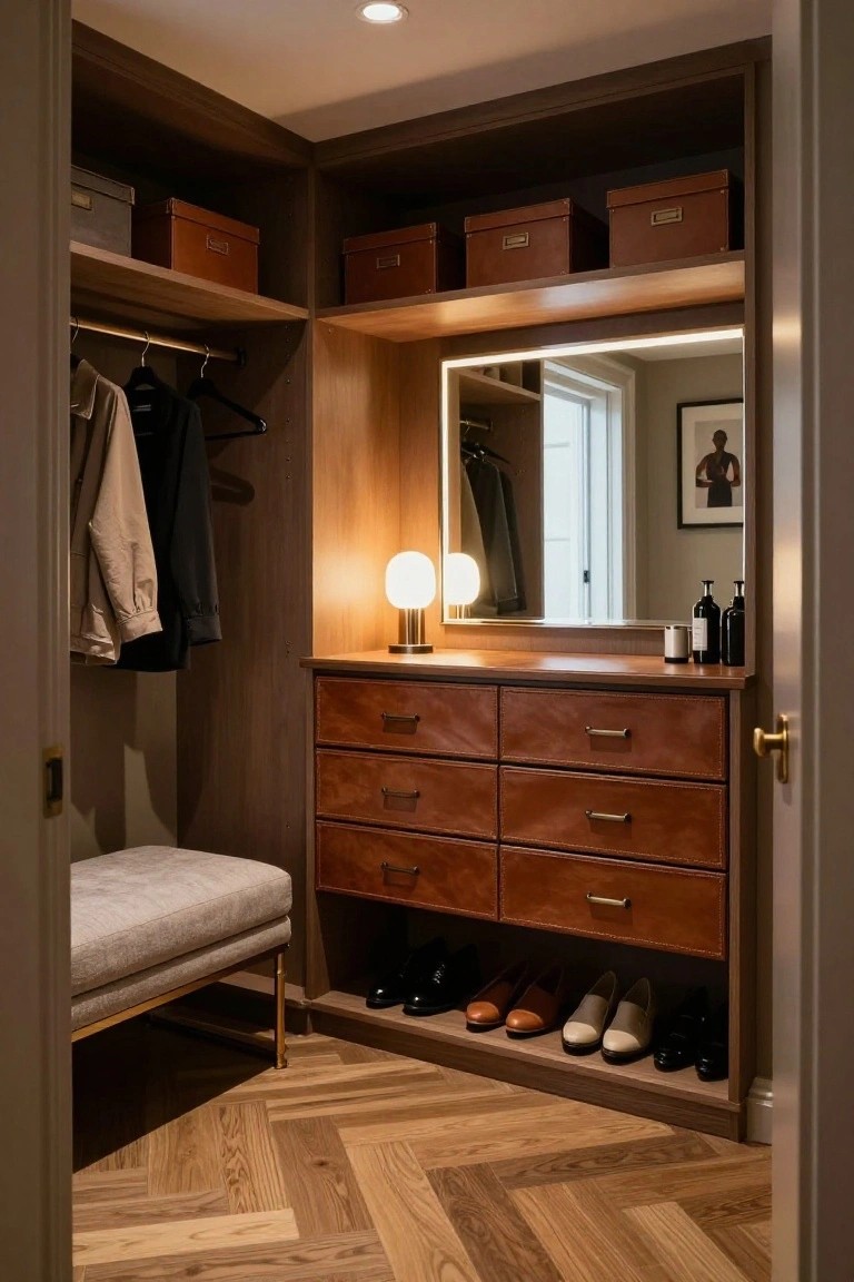 A walk-in closet with dark wood built-in drawers, hanging rods, a bench, and shoes on a lower shelf.