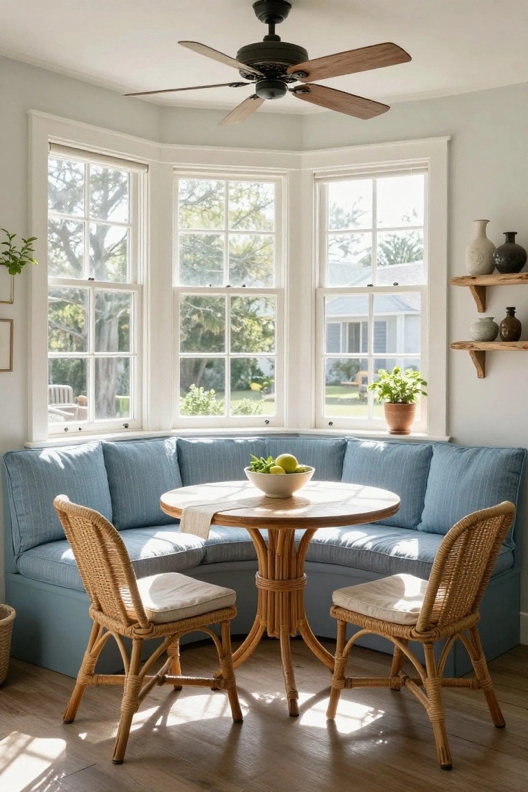 Blue banquette and wicker chairs around round table in sunlit bay window corner.