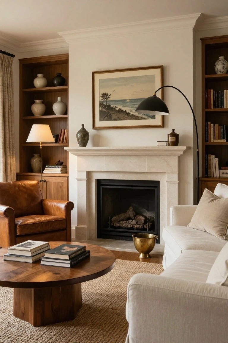A living room with a marble fireplace flanked by wooden built-in bookshelves filled with vases and books, a brown leather chair to the left, and a round wooden coffee table in front.