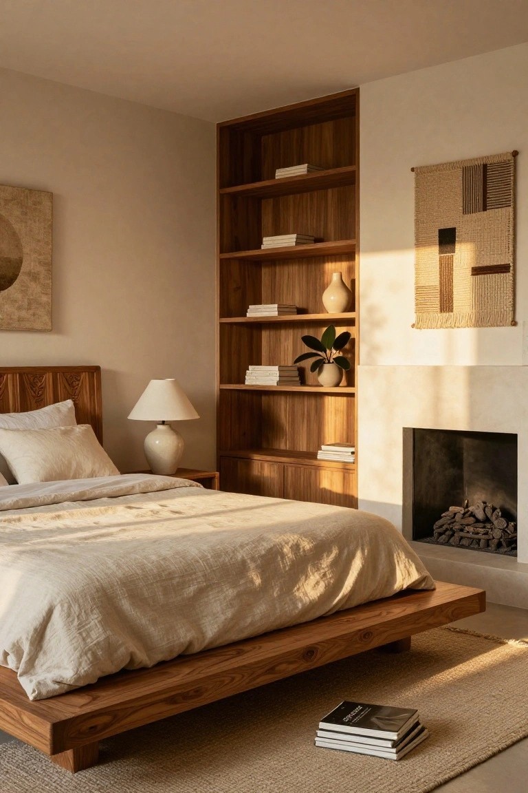 A bedroom featuring a low wooden platform bed with neutral linens, tall built-in wooden bookshelves holding books and vases, and a stone fireplace to the right.