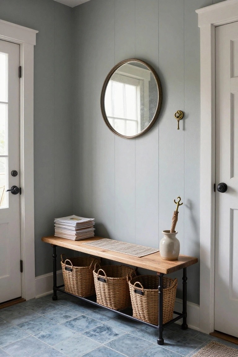 A wooden bench with black legs holds three woven baskets underneath in a blue-gray entryway with a round mirror on the wall above.