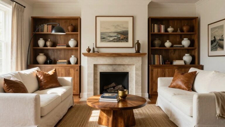 A living room with a marble fireplace flanked by wooden built-in bookshelves filled with vases and books, a brown leather chair to the left, and a round wooden coffee table in front.