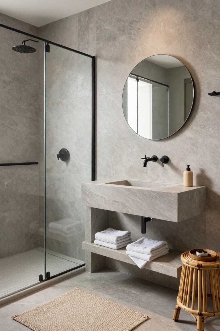 A bathroom with a floating gray stone vanity, round mirror above it, black faucet, glass shower on the left, and a woven stool to the right.