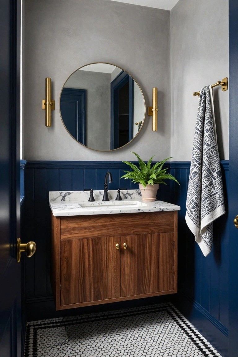 A bathroom featuring a floating wood vanity with marble top, round mirror, navy blue wainscoting, and black and white tiled floor.