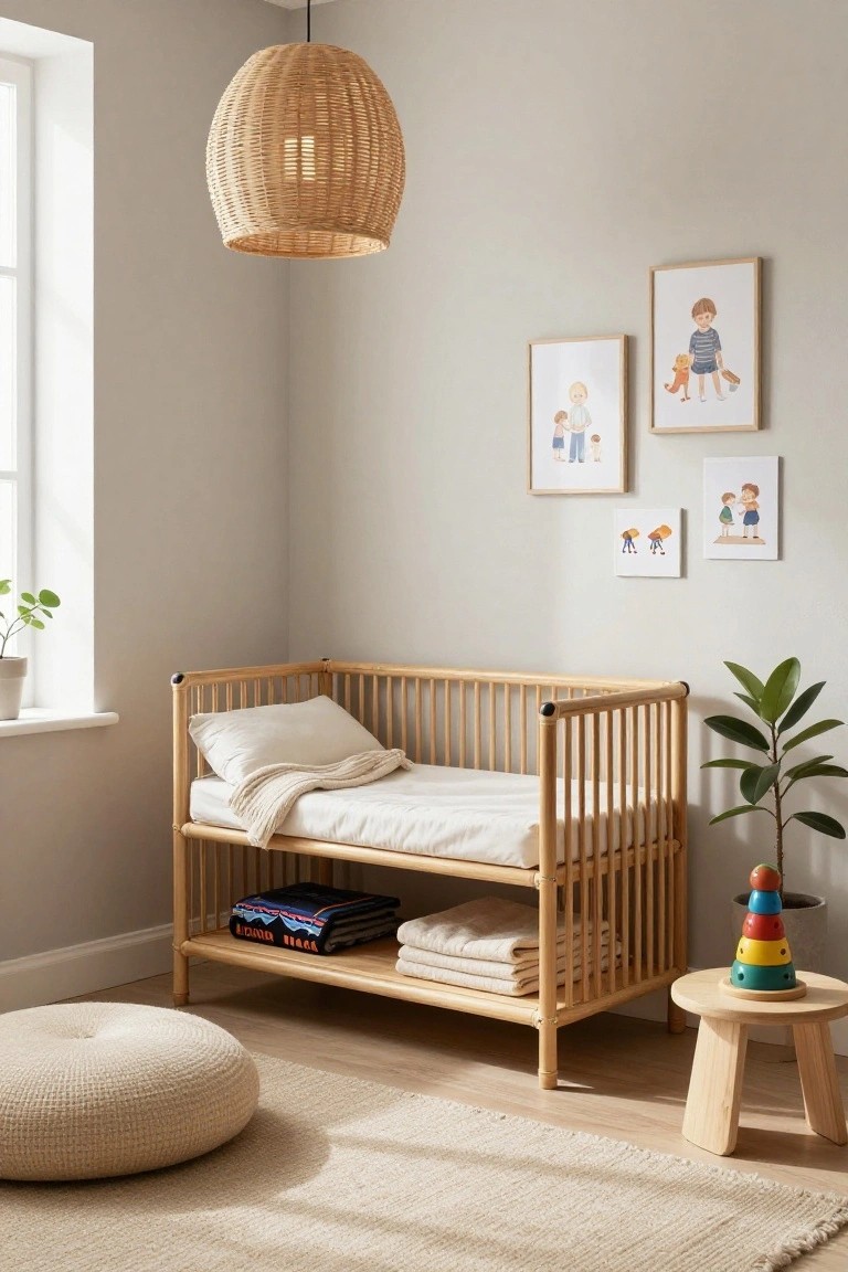 A light wooden crib with white bedding and folded blankets underneath sits in a neutral room with framed illustrations on the wall and a woven pendant light.