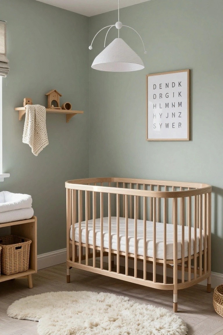 A light wood oval crib in a sage green nursery with a white fluffy rug, wooden shelf, and white pendant light.