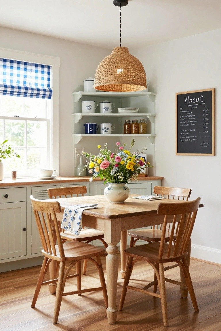 A dining room interior featuring a wooden table with chairs, open corner shelves displaying assorted mugs and dishes, a vase of flowers on the table, and a chalkboard on the wall.
