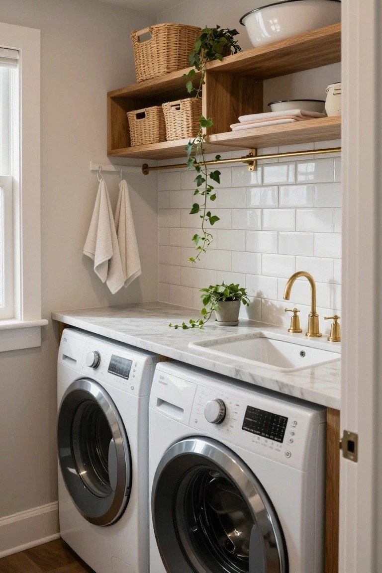 Modern laundry room with white washers, marble sink, gold faucet, wooden shelves and plants