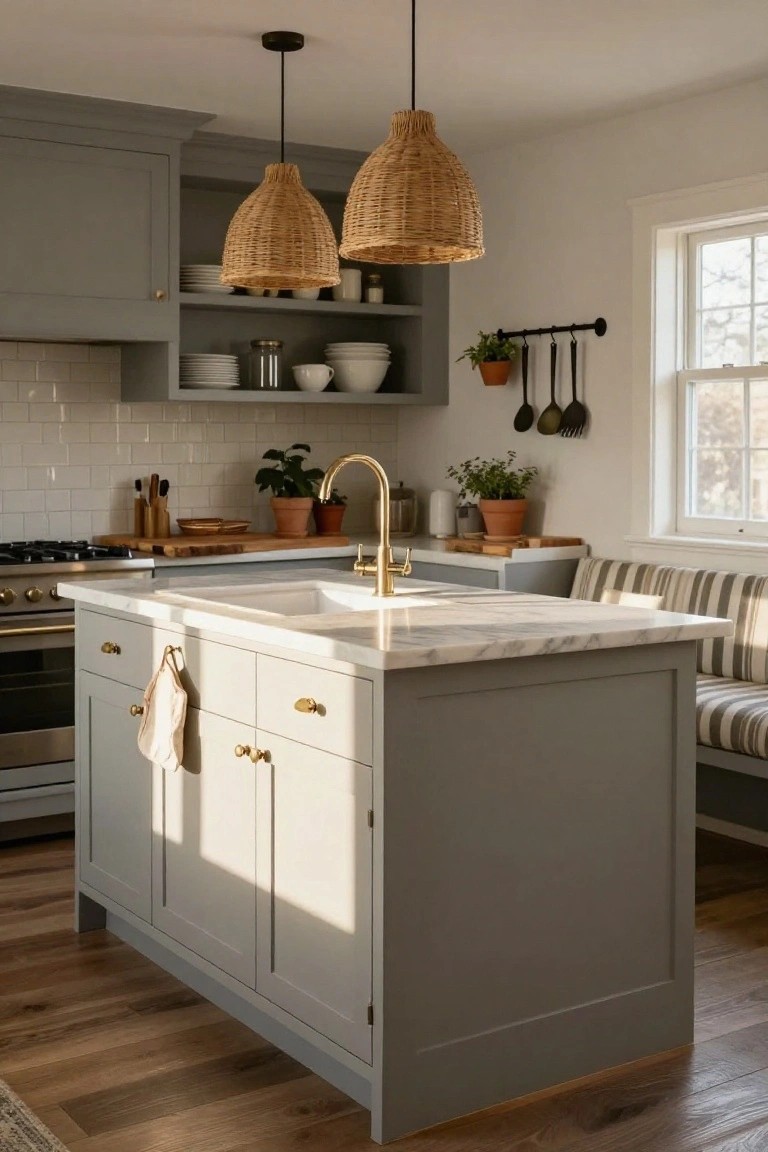 A kitchen with a central island featuring gray painted cabinetry, a white marble countertop with an integrated sink, and brass faucet, viewed from the side with open shelving and woven pendant lights above.
